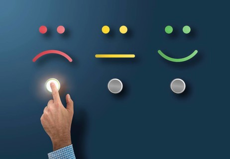 customer service rating and survey concept with dissatisfied customer touching interface button