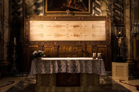 Detail of a copy of the Holy Shroud of Turin, Italy, Europe