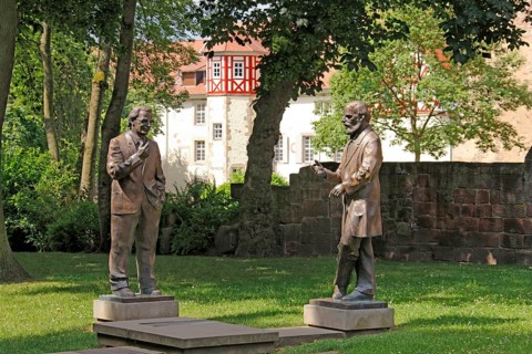 Statues of Konrad Zuse and Konrad Duden, near Stiftsruine, Bad Hersfeld, Hesse, Germany, Europe