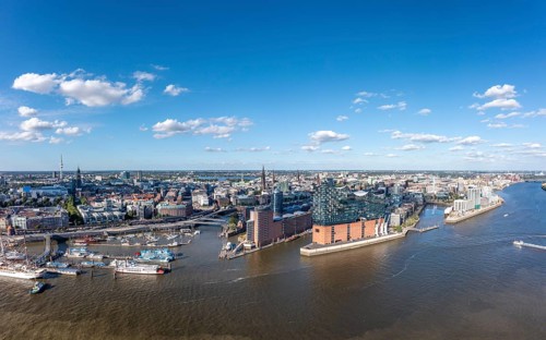 Panorama photo, drone photo, aerial photo, Hafencity, Speicherstadt, Elbe, Steinwerder, Elbe