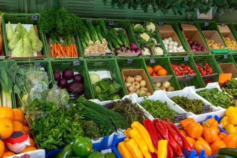 Display of vegetables for sale at the Viktualienmarkt in Munich