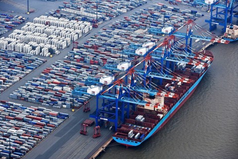 Container terminal, container ship being loaded, being unloaded, port, Bremerhaven, Germany, Europe
