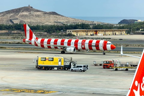Condor Airbus A321, registration D-ATCG, in striped socks livery, after arrival at Las Palmas