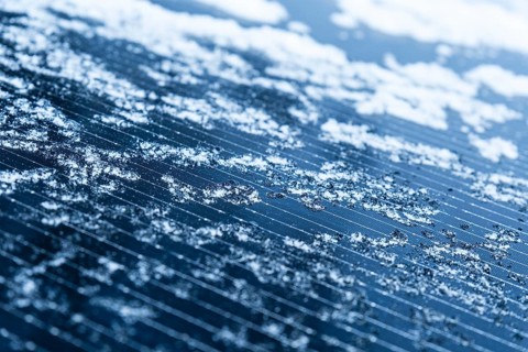 Close-up of frozen ice on a solar cell of a balcony power plant, Düsseldorf, Germany, Europe
