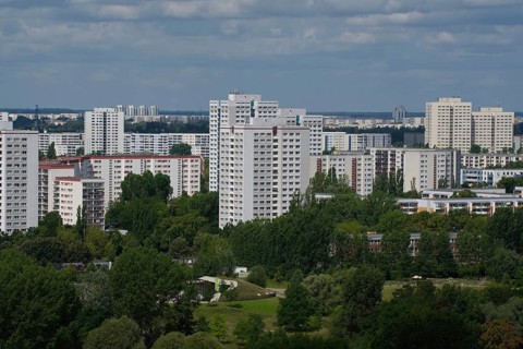 View over the Gärten der Welt to residential buildings, Marzahn-Hellersdorf district, Berlin,