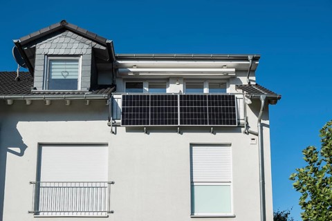 Solar panel on a balcony in Monheim am Rhein, North Rhine-Westphalia, Germany, Europe