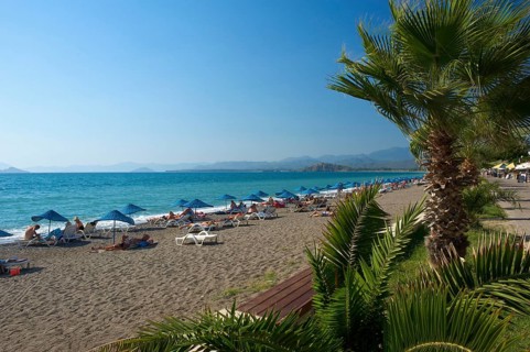Beach and promenade of Calis near Fethiye, Turkish Aegean Sea, Coast, Turkey, Asia