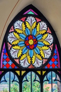 Colourful pointed arch window, St. Bartholomew's Parish Church, Hopferbach, Allgäu, Bavaria,