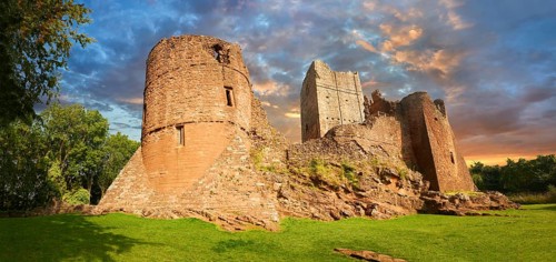 The 12th century medieval Norman ruins of Goodrich Castle fortifications, Goodrich, Herefordshire,