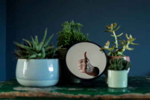 Mirror image with hand, interior shot
