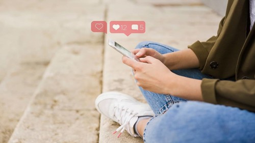 Close up woman sitting stairs using social media app mobile