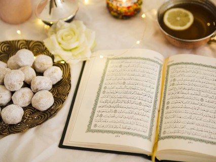 Top view quran with tea pastry. Resolution and high quality beautiful photo