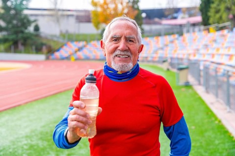 Proud old man with a reusable bottle of water after exercising in a track and field
