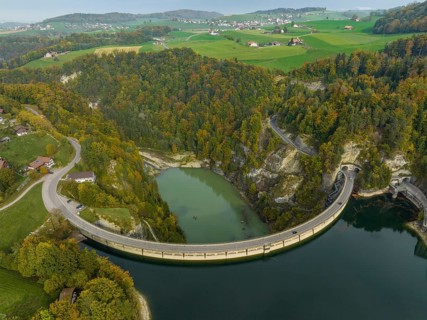 Dam on Lac de Gruyère, Lake Gruyère, reservoir, aerial view, Rossens, Fribourg, Switzerland, Europe