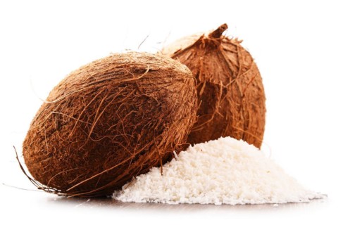 Composition with shredded coconut and shells isolated on white background