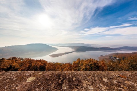 From Waldeck Castle with a view of Lake Edersee and the surrounding nature parks, North Hesse,