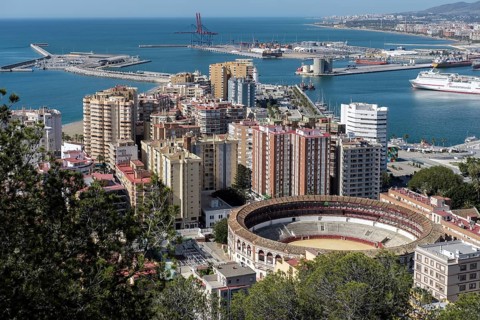 View of the Harbour Area and Bullring in Malaga