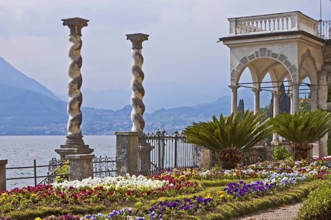 Columns, botanical garden, Villa Carlotta, view of Lake Como, Varenna, province of Lecco, Lombardy,
