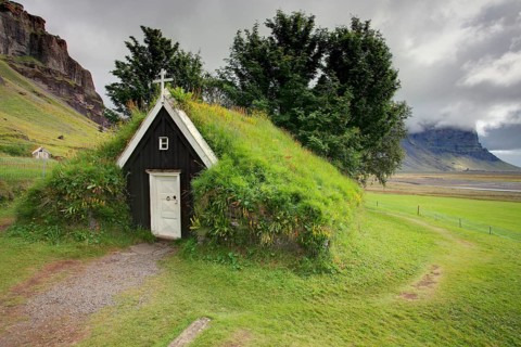 Chapel, Nupstadir, sod house, green roof, Iceland, Europe
