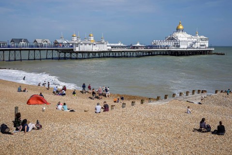 EASTBOURNE, EAST SUSSEX, UK - JULY 29 : View of Eastbourne Pier in East Sussex on July 29 2021.