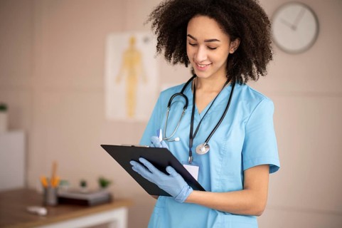 Female doctor taking notes clipboard