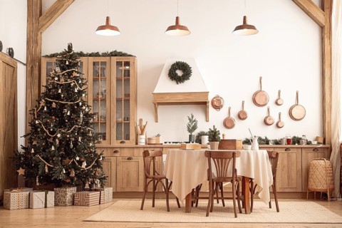 Modern, light, festive, cozy kitchen interior with Christmas and New Year decorations, kitchen
