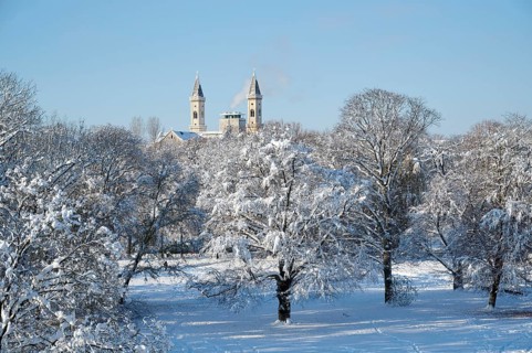 Winter in the English Garden with Ludwigskirche, Munich, Bavaria, Germany, snow, Europe