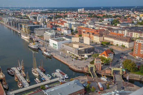 Like a model railway: view of the new harbour from the 86-metre-high observation deck of the