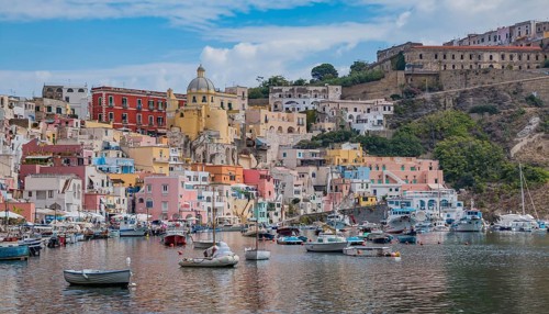 A picture of the Marina della Corricella, the colorful promenade in Procida, Naples