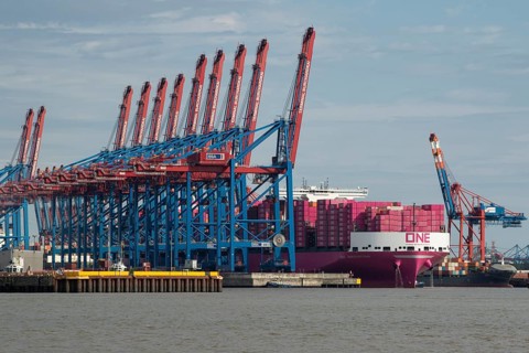 Pink container freighter One Innovation of the shipping company Ocean Network Express (Europe) Ltd.