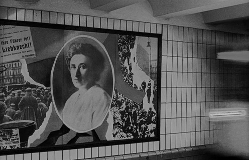 GDR, Berlin, 09. 07. 1989, Rosa-Luxemburg-Platz underground station, panels (collages) designed by