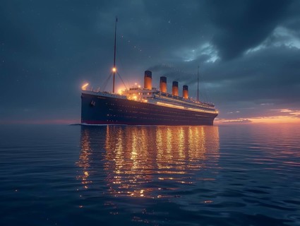 Voyage of the Titanic in the Atlantic on a starry night and calm sea, AI generated