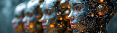 An image of advanced humanoid robot heads with focus on the first, side-lit, bionic, cyborg, AI