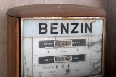 Old rusty german petrol pump, the lettering is in german, Benzin means petrol or gasoline, Munich,