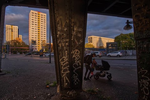 Germany, Berlin, 27. 10. 2020, railway bridge Jannowitzbrücke, pillar, man, child, pram, Europe