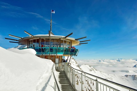 View from the Top Mountain Star panorama bar on Wurmkogl, cloud cover over Oetztal Alps, Obergurgl,