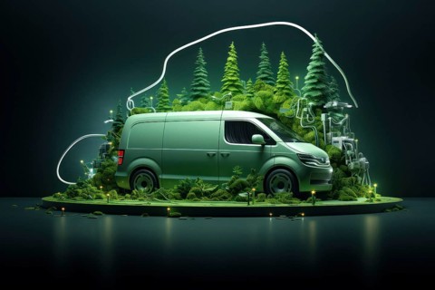 Concept image, electric mobility, green e-car, panel van, green city, AI generated