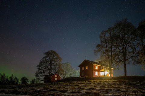 The northern lights in the blue sky with stars directly above a red Swedish wooden house and the