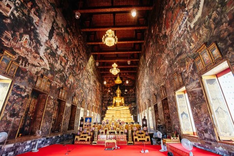 Bangkok, Thailand, April 22 2018: The beautiful interior of Ubosat of Wat Suthat with many statues