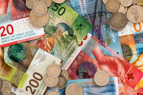 Swiss franc coins and bank notes in different denominations close up view