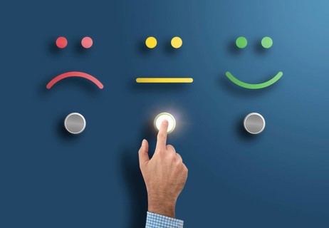 customer service rating and survey concept with hand touching interface button with neutral face