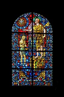 Switzerland, city centre of Chur, church interior, Christian motifs in the church window, St.