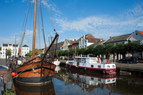 Boats in the old harbour, Weener, East Frisia, Lower Saxony, Germany, Europe