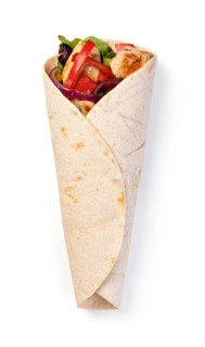 burrito with vegetables and tortilla, isolated on white