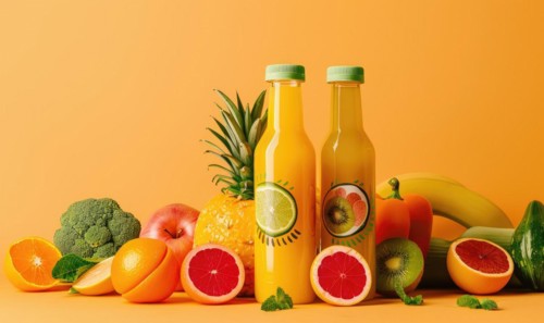 Sleek glass bottle mockup featuring a vibrant cold-pressed juice with fresh fruits and vegetables