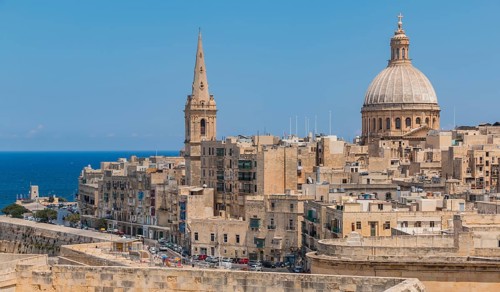 A picture of the main peninsula of Valletta, dominated by the dome of the Basilica of Our Lady of