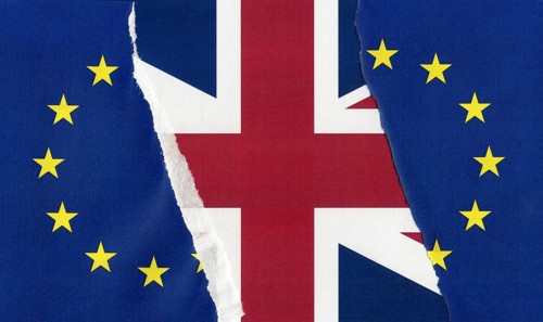 Torn EU flag over UK flag