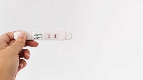 Hand holding positive pregnancy test