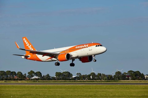 EasyJet Airbus A320-251N with registration G-UZHS lands on the Polderbaan, Amsterdam Schiphol