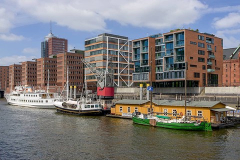 Sandtorhafen, traditional ship harbour and modern buildings in the Hafencity, Hamburg